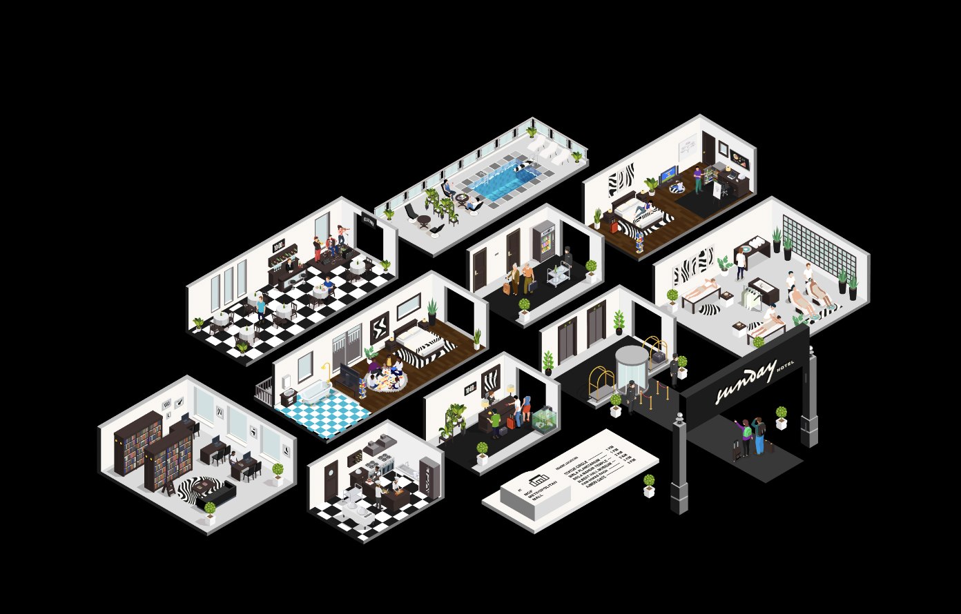 Sunday Hotel isometric illustration — every room type, service, and hospitality touchpoint mapped across the property