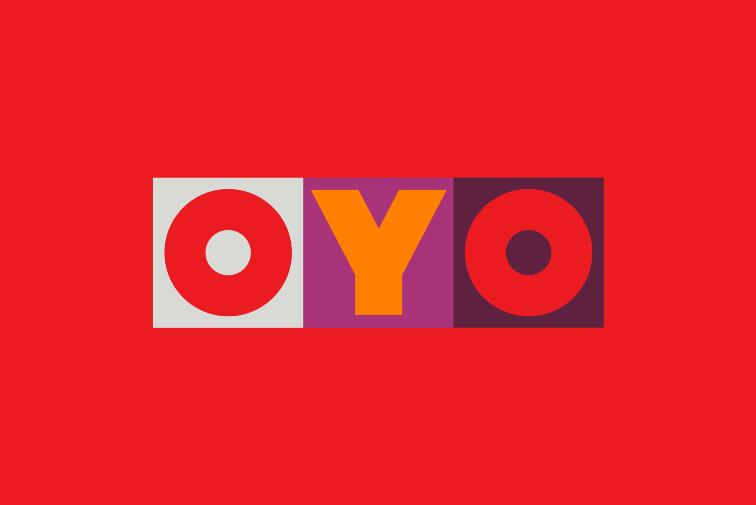OYO wordmark — the O, Y, O geometric identity in the brand's red, purple, and orange