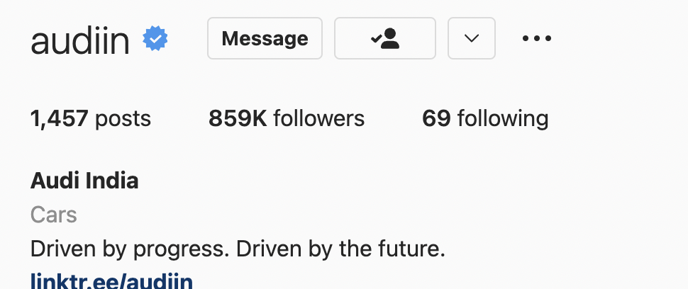 Audi India Instagram profile page — 859K followers, verified account, tagline: Driven by progress. Driven by the future.