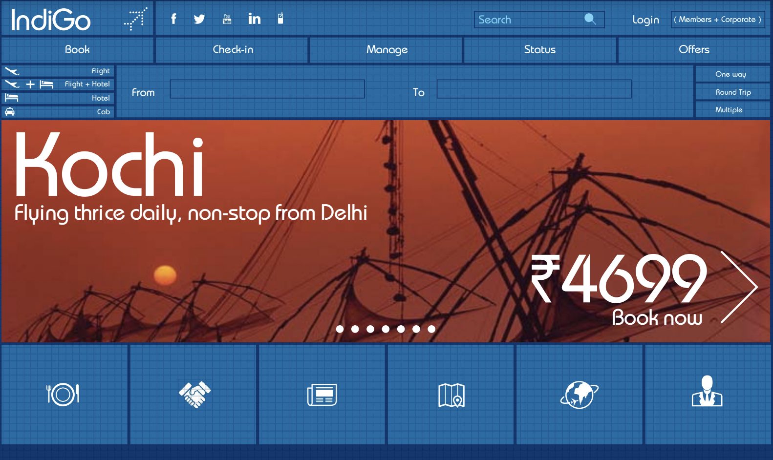 IndiGo airline homepage from the mid-2010s — Kochi destination feature, book flight/hotel/cab modules, distinctive IndiGo blue