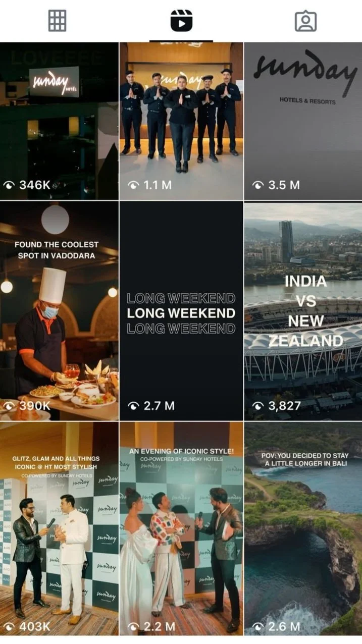 Sunday Hotels Instagram grid showing viral posts — millions of views across content promoting the brand